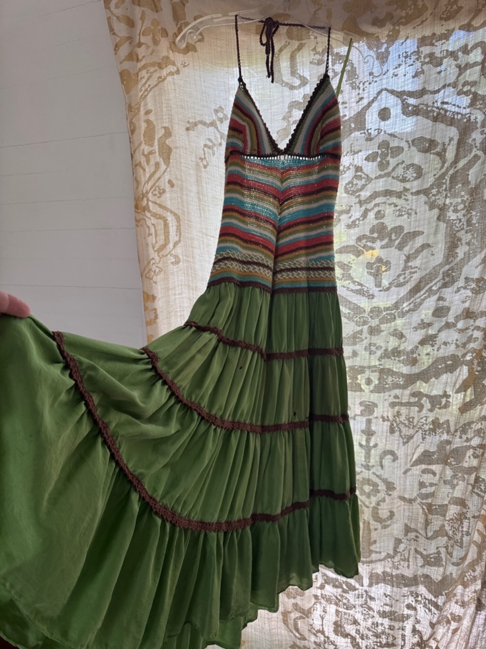BCBGMaxAzria Olive Green Maxi Dress with Multicolor Crochet Bodice